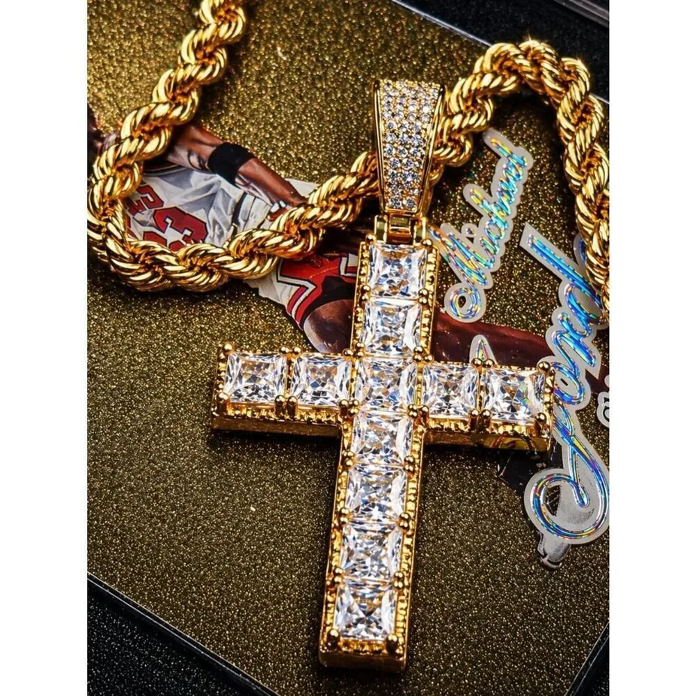 Gold Princess Cut Diamond Cross Necklace